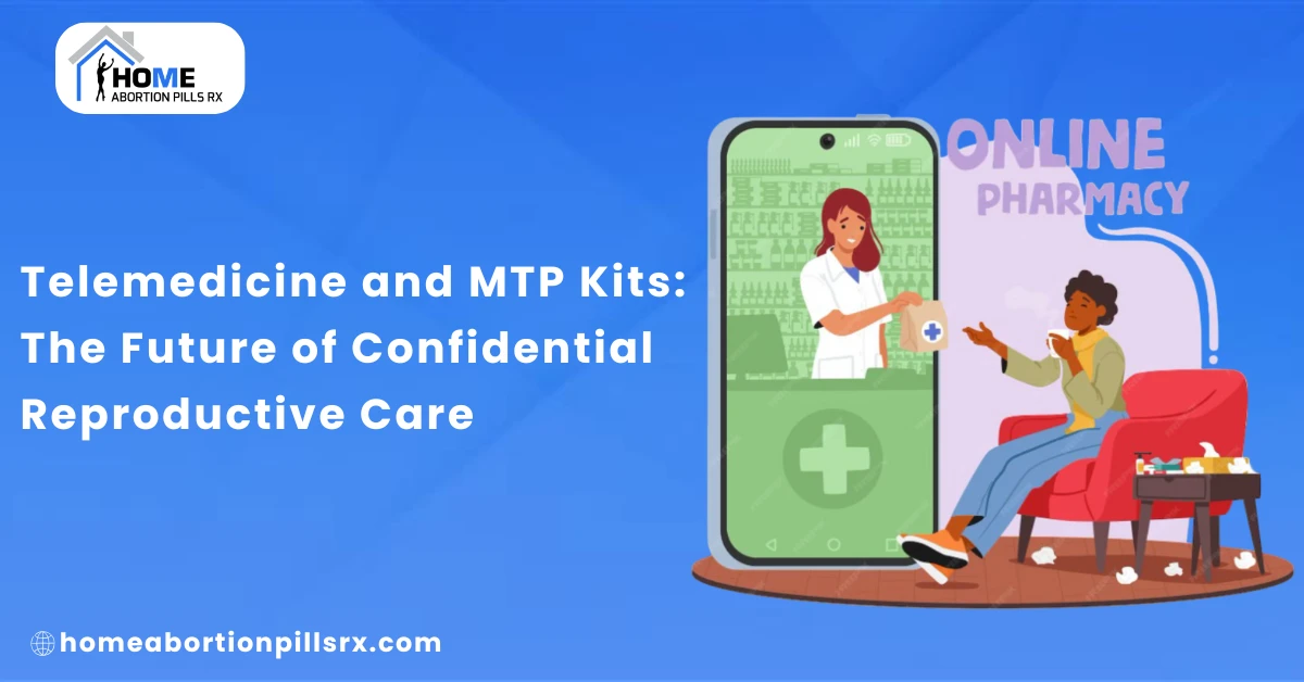 Illustration showing telemedicine consultation and secure MTP kit delivery for reproductive healthcare